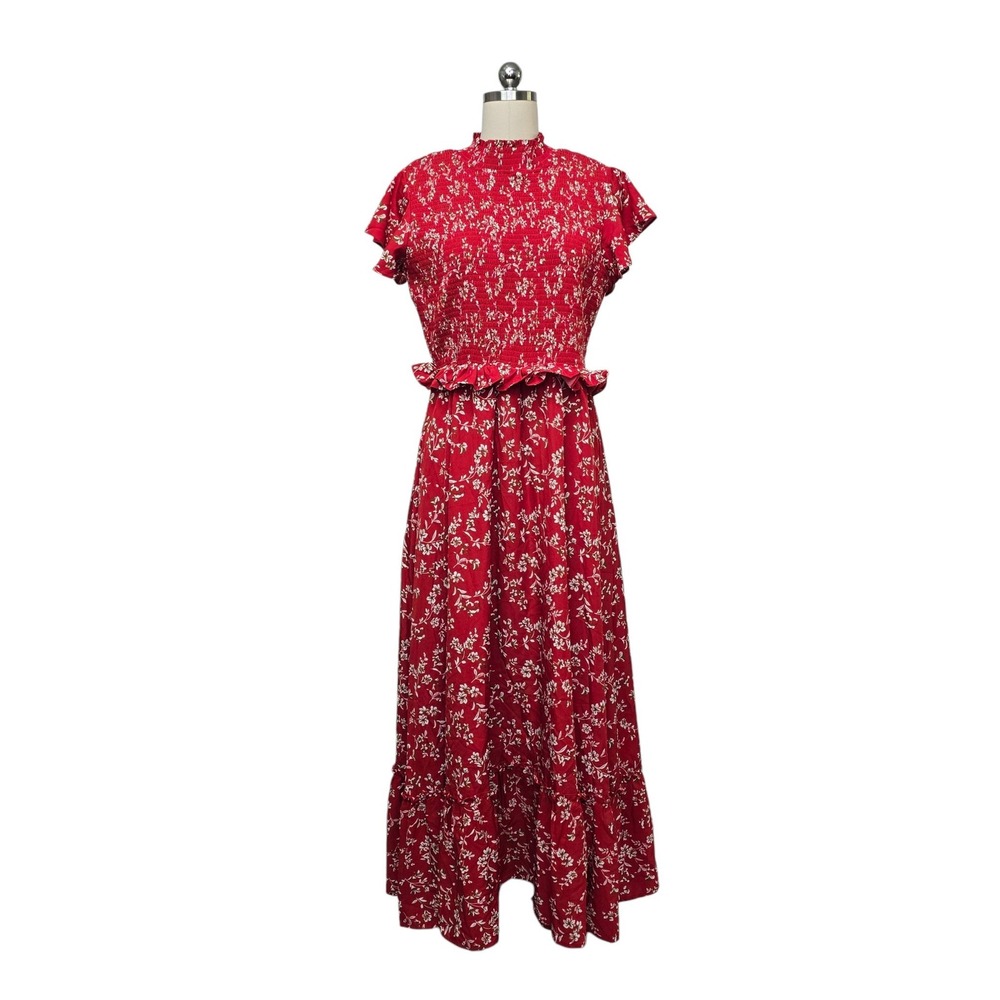 Baltic Born Red Floral Smocked Mock Neck Maxi Dress Short Flutter Sleeve Medium
